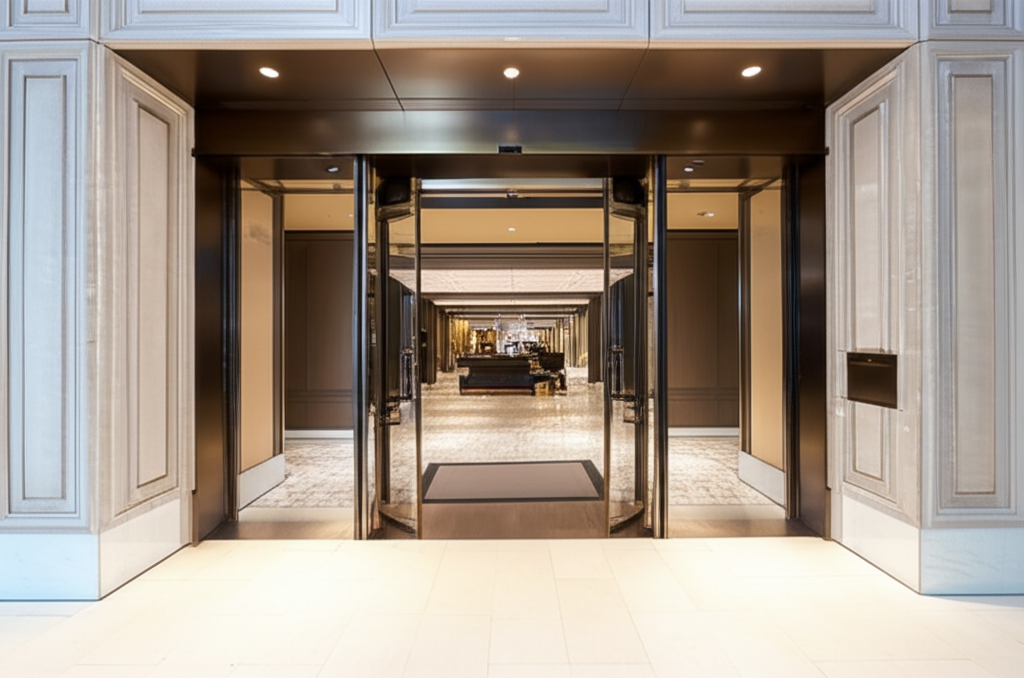 Hotel lobby with automatic sliding entrance doors